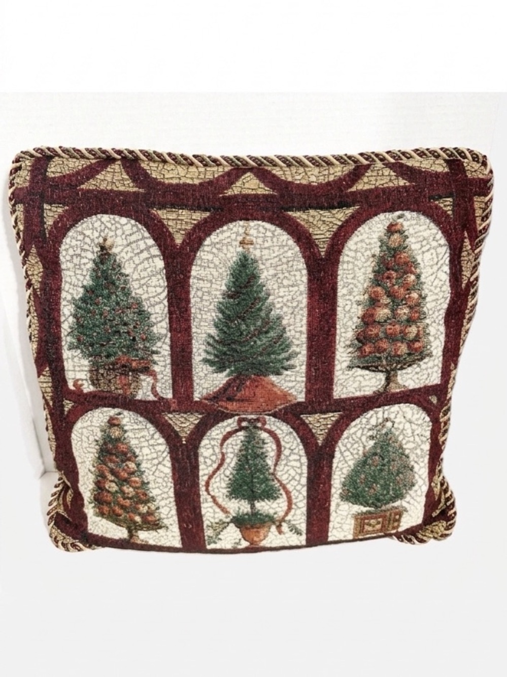 Unbranded Vintage Various Christmas Tree Design Tapestry Holiday Pillow CordTrim